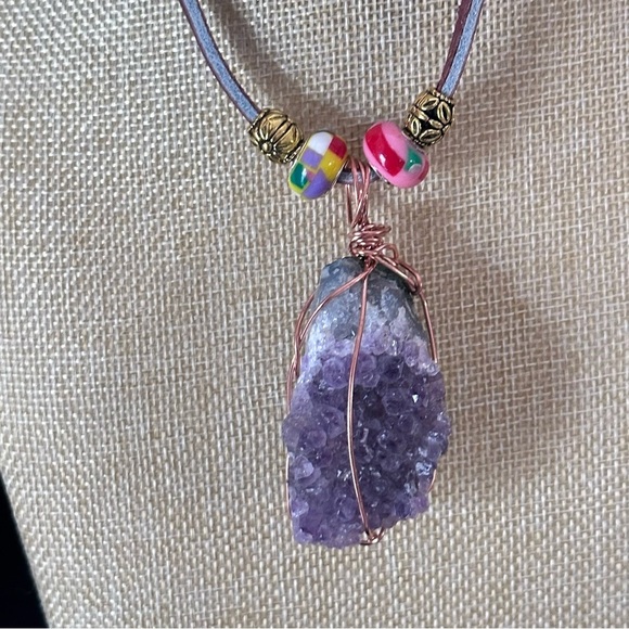 Amethyst Crystalline Wire Wrapped Stone Pendant Necklace Handmade Leather Cord - Picture 1 of 15